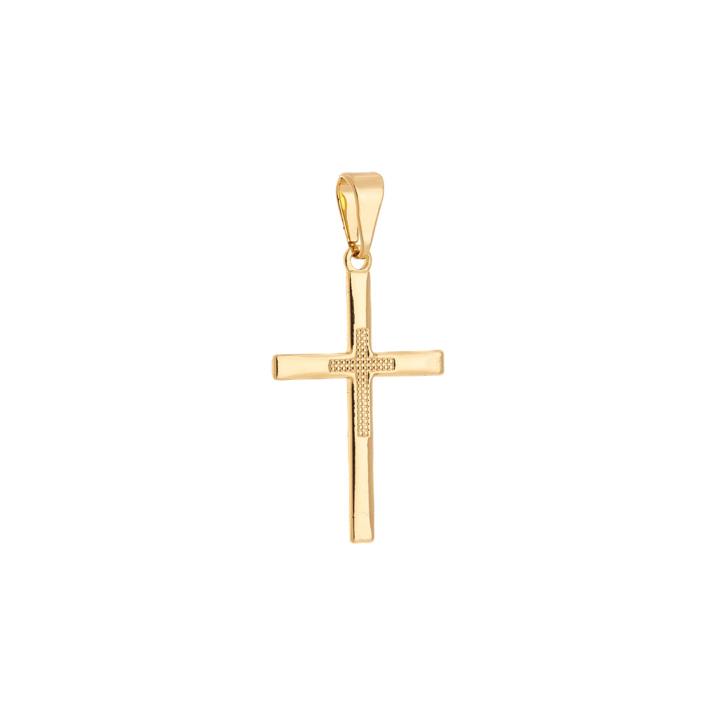Minimalist stick cross pendant with dotted detail in the center - 18k gold plated