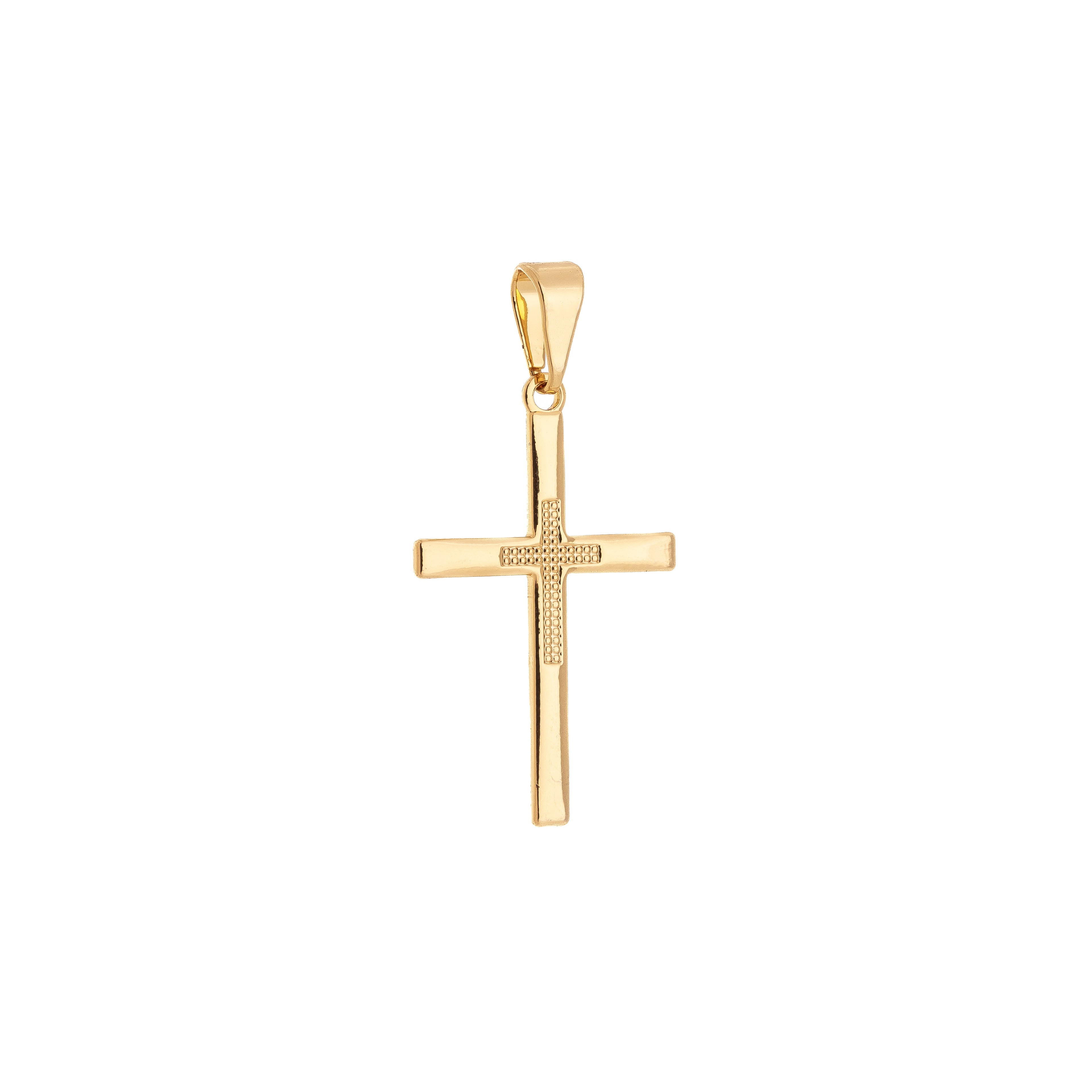Minimalist stick cross pendant with dotted detail in the center - 18k gold plated
