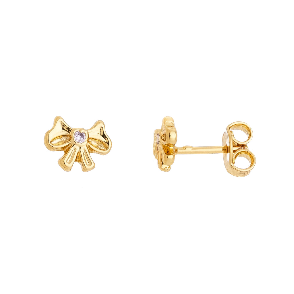 Delicate hypoallergenic children's earring in a bow shape, 18k gold plated.