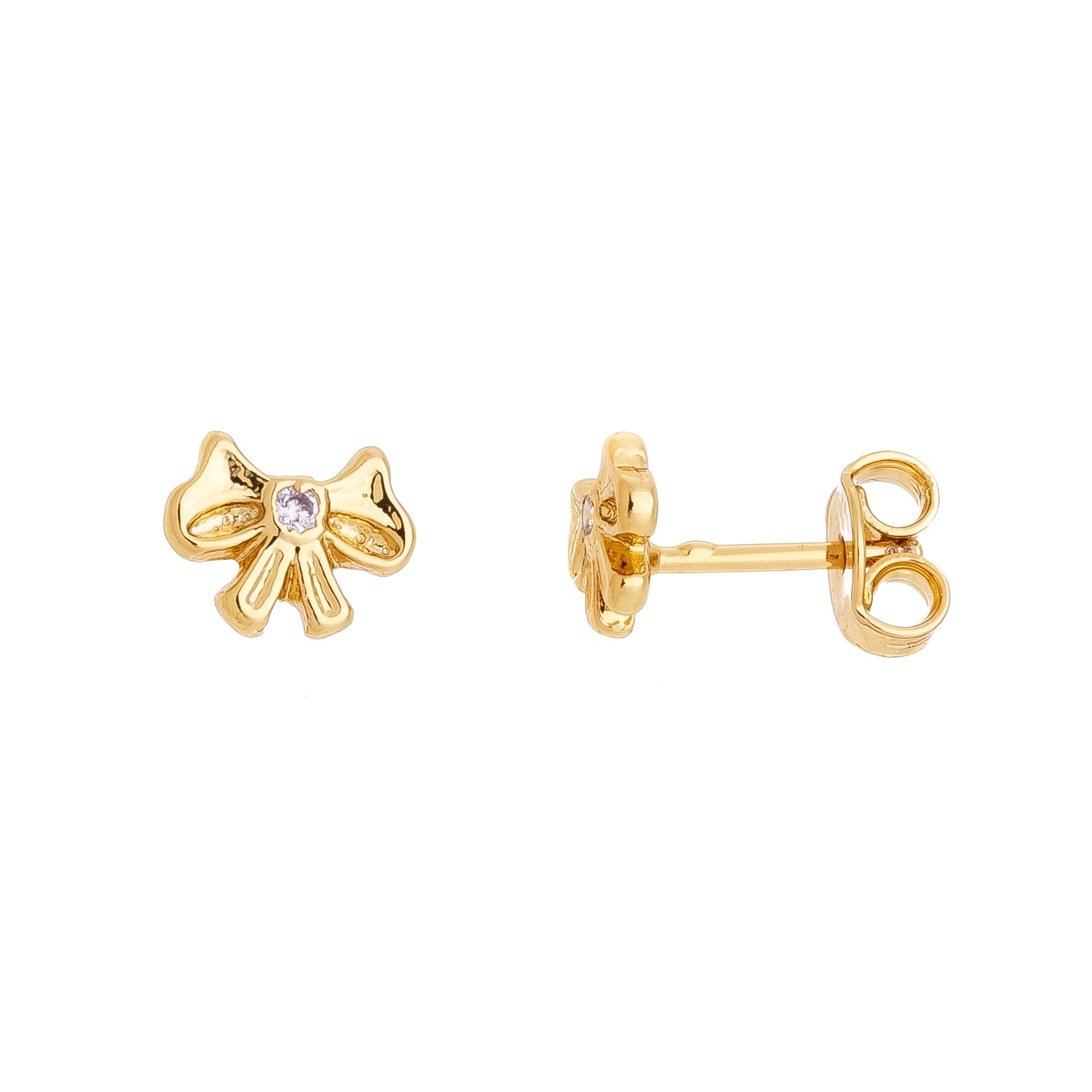 Delicate hypoallergenic children's earring in a bow shape, 18k gold plated.