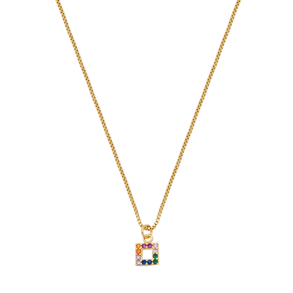 Children's Venetian necklace with a square pendant set with colorful cubic zirconia stones, 18k gold plated, hypoallergenic.