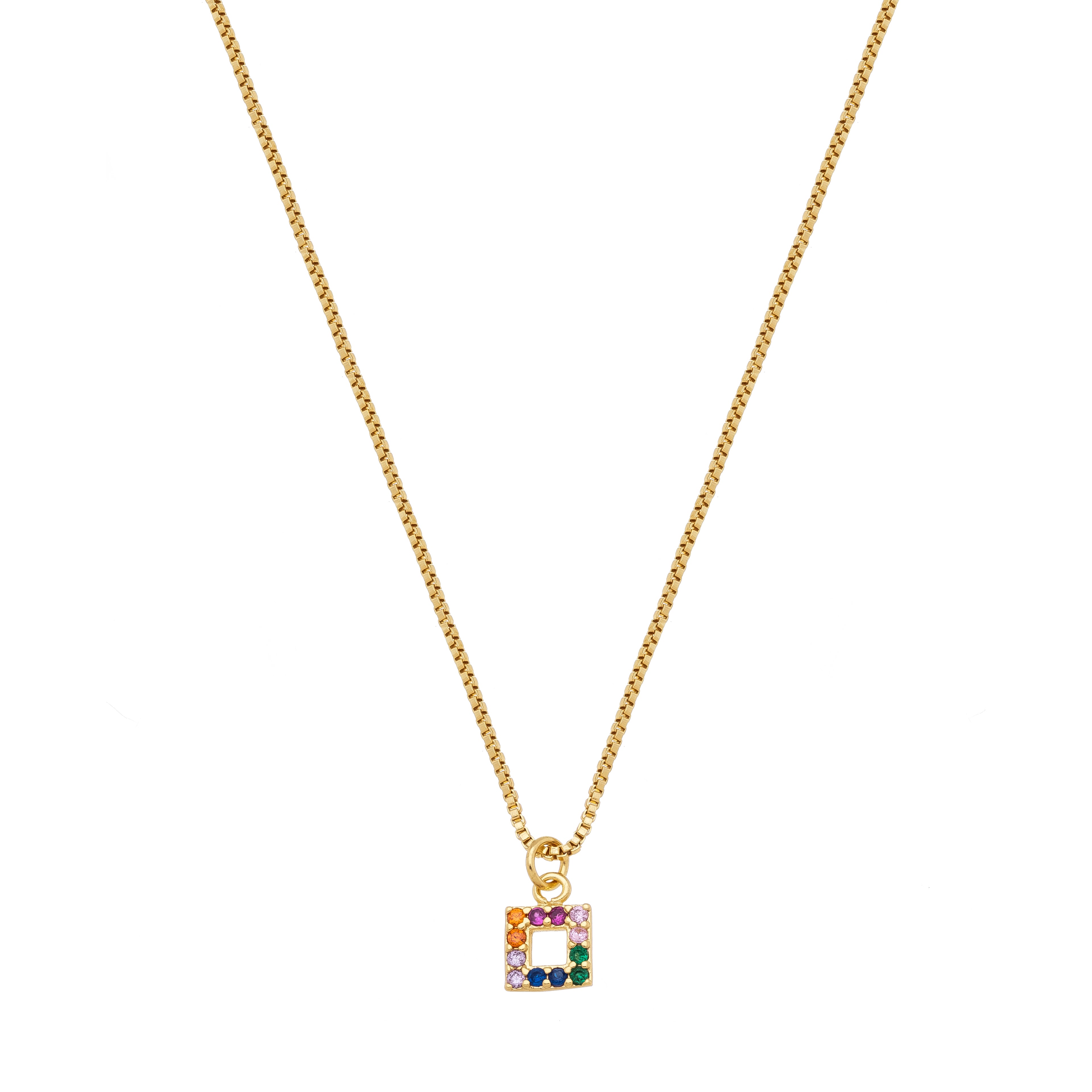 Children's Venetian necklace with a square pendant set with colorful cubic zirconia stones, 18k gold plated, hypoallergenic.
