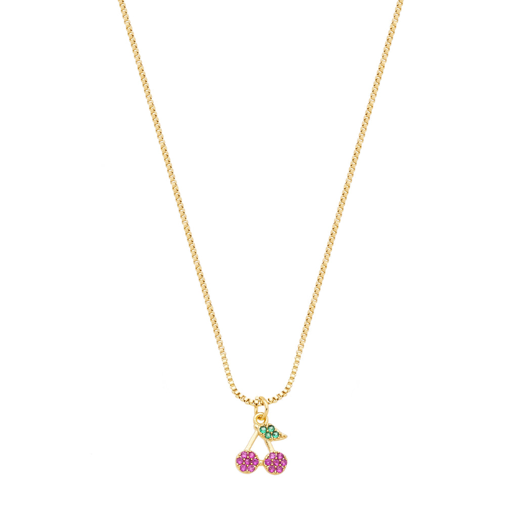 Children's Venetian necklace with a cherry pendant set with pink and green cubic zirconia, plated in hypoallergenic 18k gold.