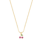 Children's Venetian necklace with a cherry pendant set with pink and green cubic zirconia, plated in hypoallergenic 18k gold.