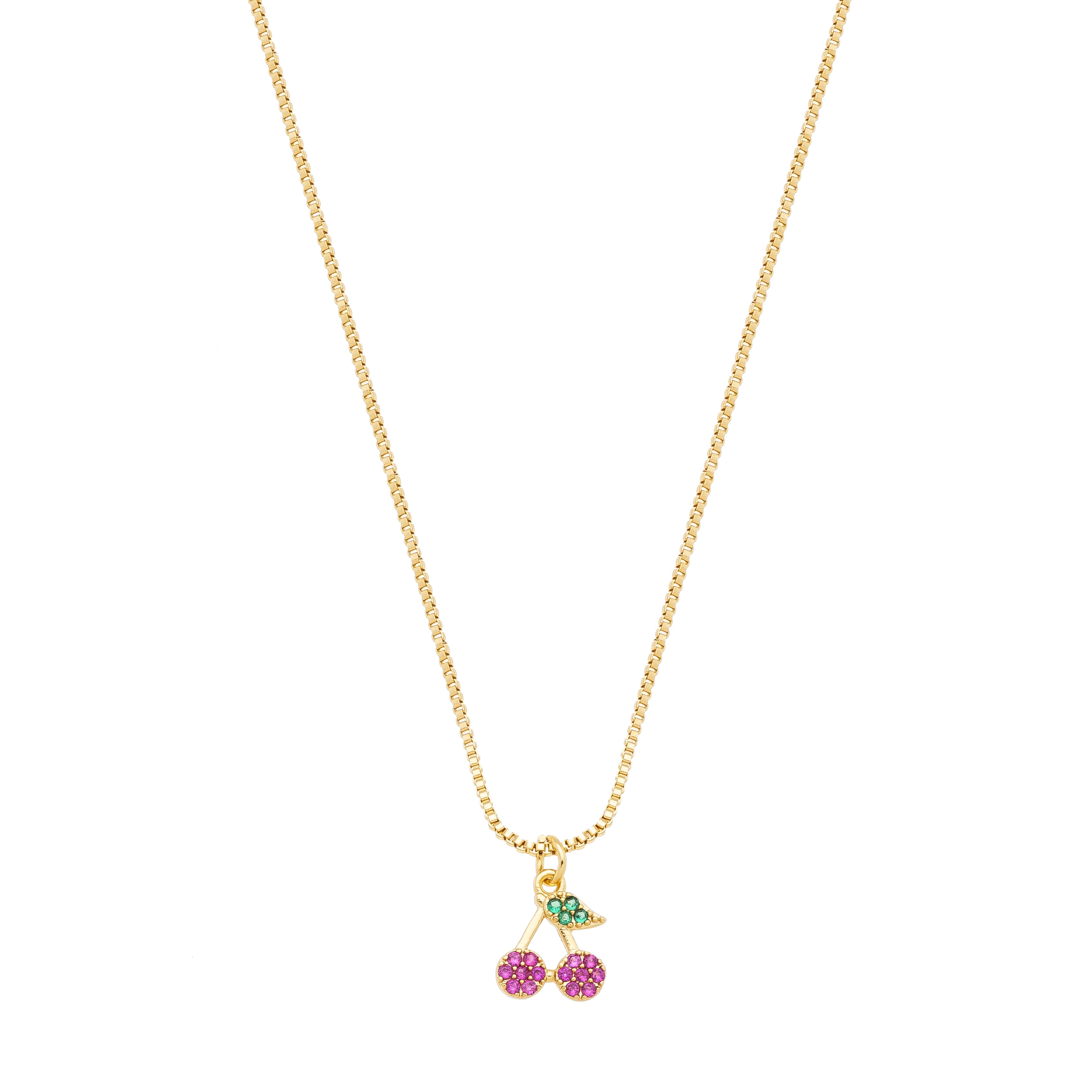 Children's Venetian necklace with a cherry pendant set with pink and green cubic zirconia, plated in hypoallergenic 18k gold.