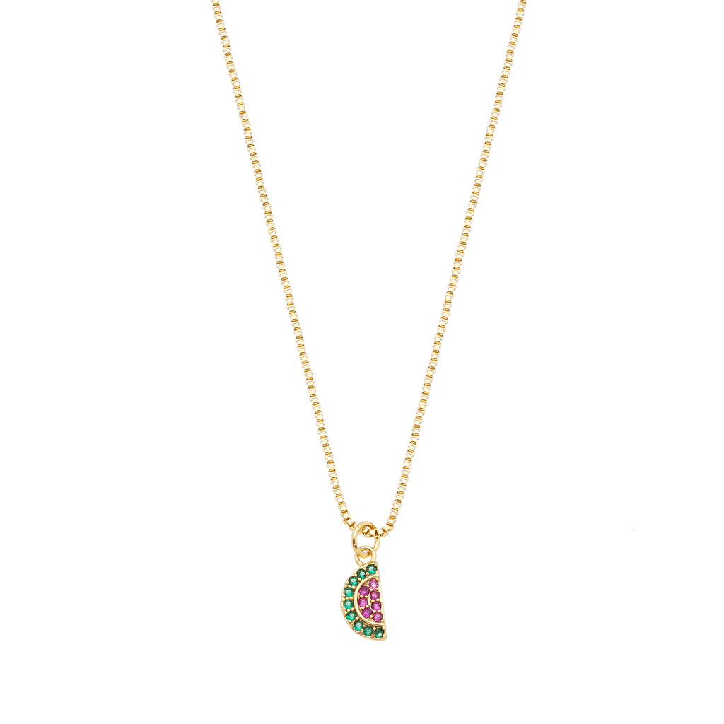 Children's Venetian necklace with a watermelon pendant studded with red and green cubic zirconia, 18k gold plated, and for hygienic purposes.