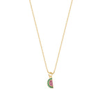 Children's Venetian necklace with a watermelon pendant studded with red and green cubic zirconia, 18k gold plated, and for hygienic purposes.
