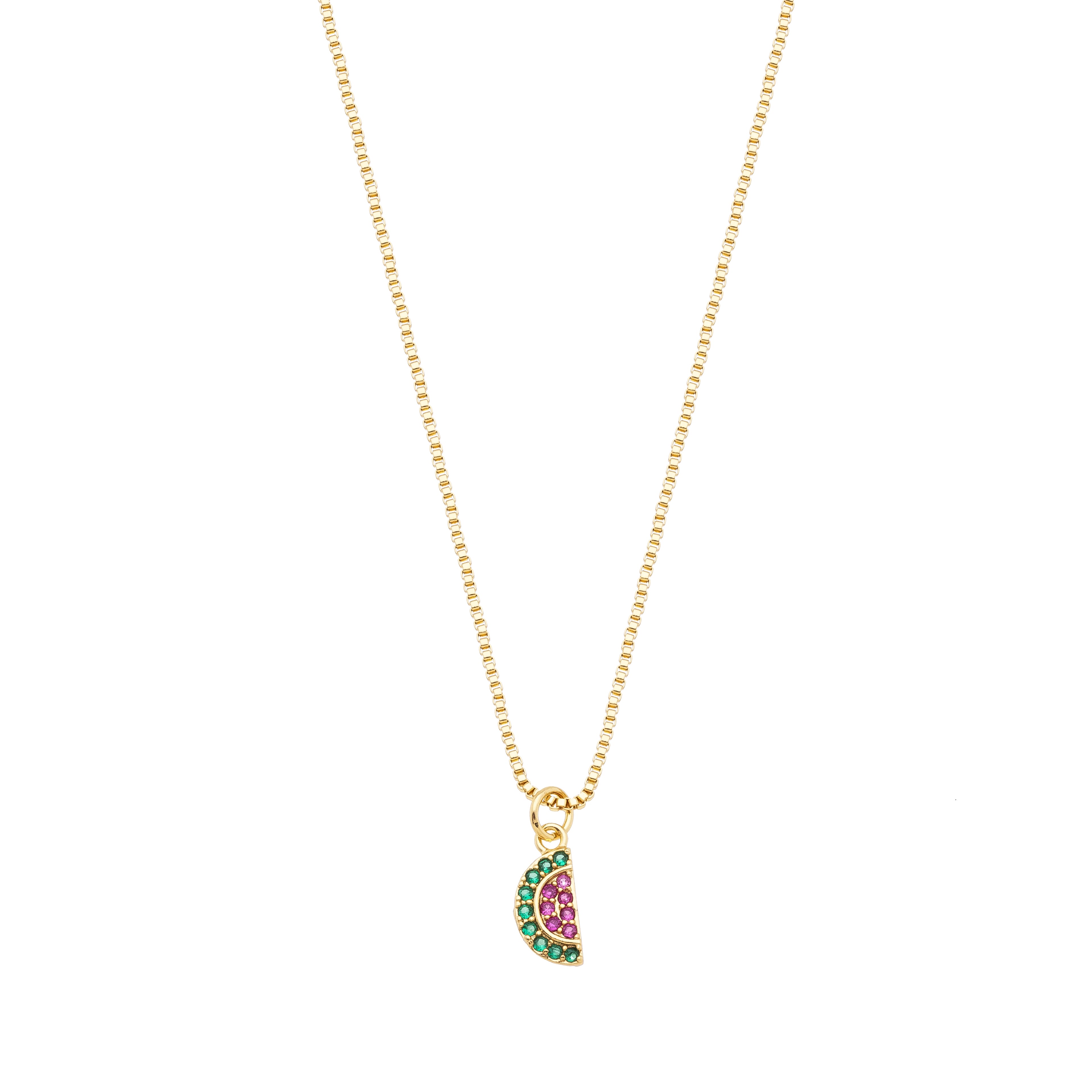 Children's Venetian necklace with a watermelon pendant studded with red and green cubic zirconia, 18k gold plated, and for hygienic purposes.