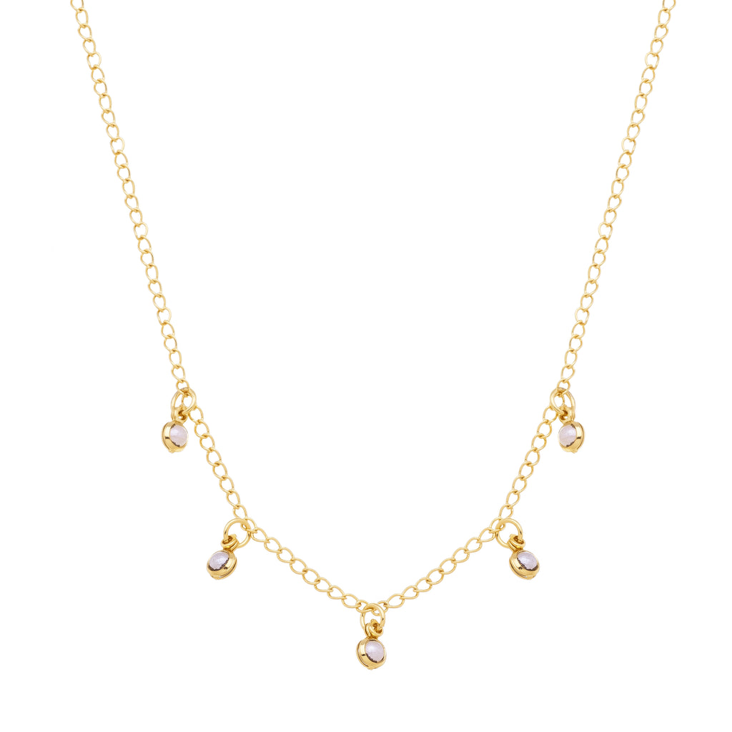 Children's necklace with five dangling pearls, plated in hypoallergenic 18k gold.