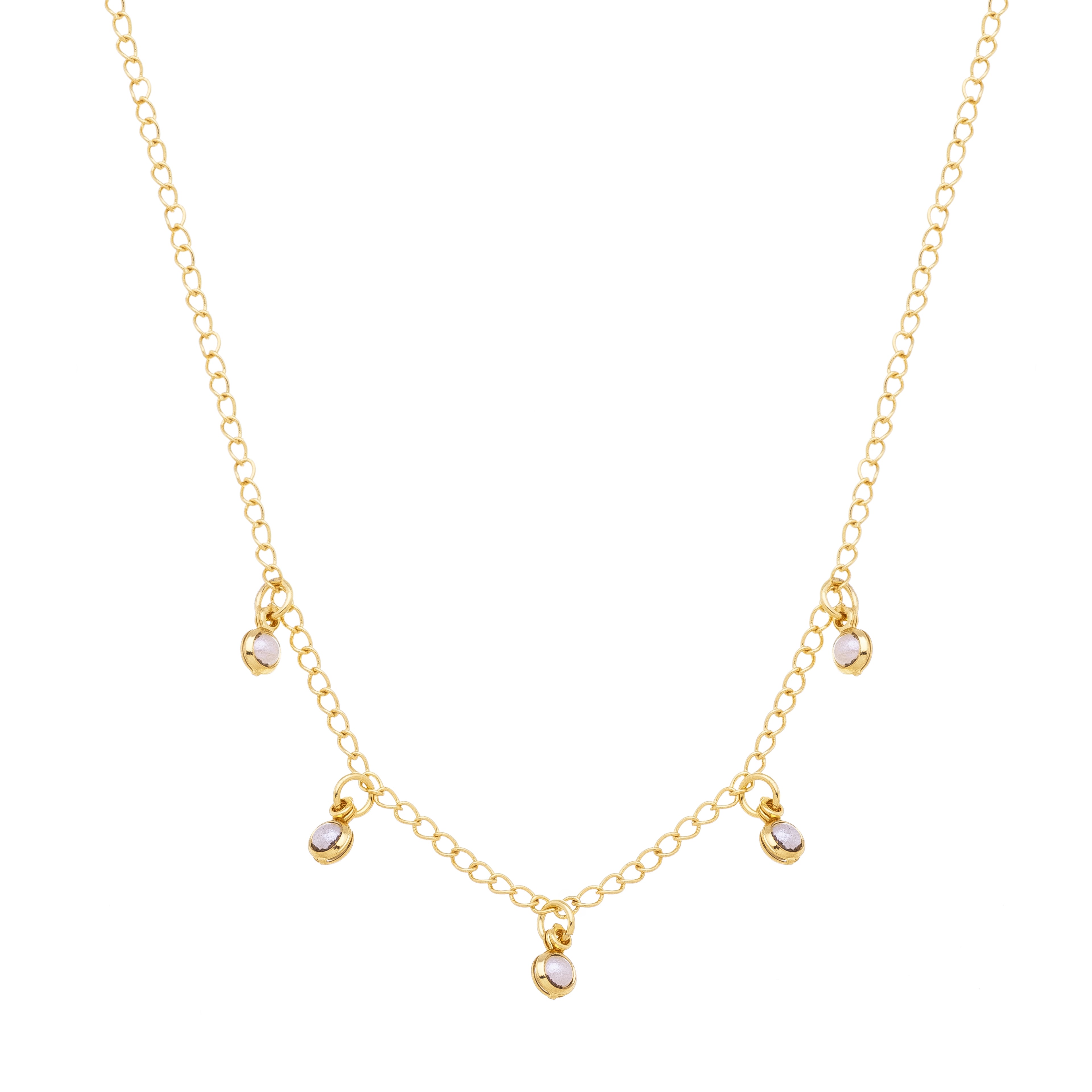 Children's necklace with five dangling pearls, plated in hypoallergenic 18k gold.