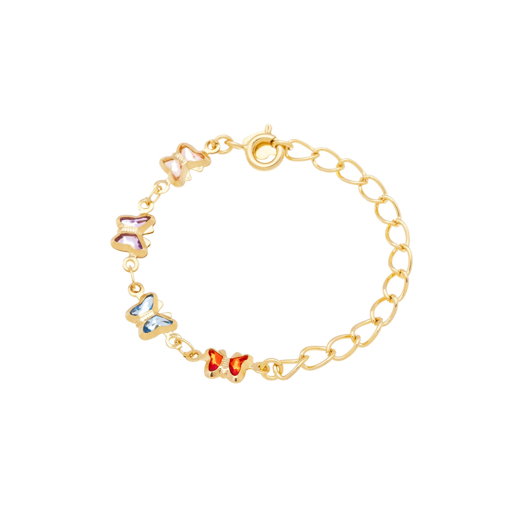 Children's bracelet with butterflies set with colorful cubic zirconia, 18k gold plated, hypoallergenic.
