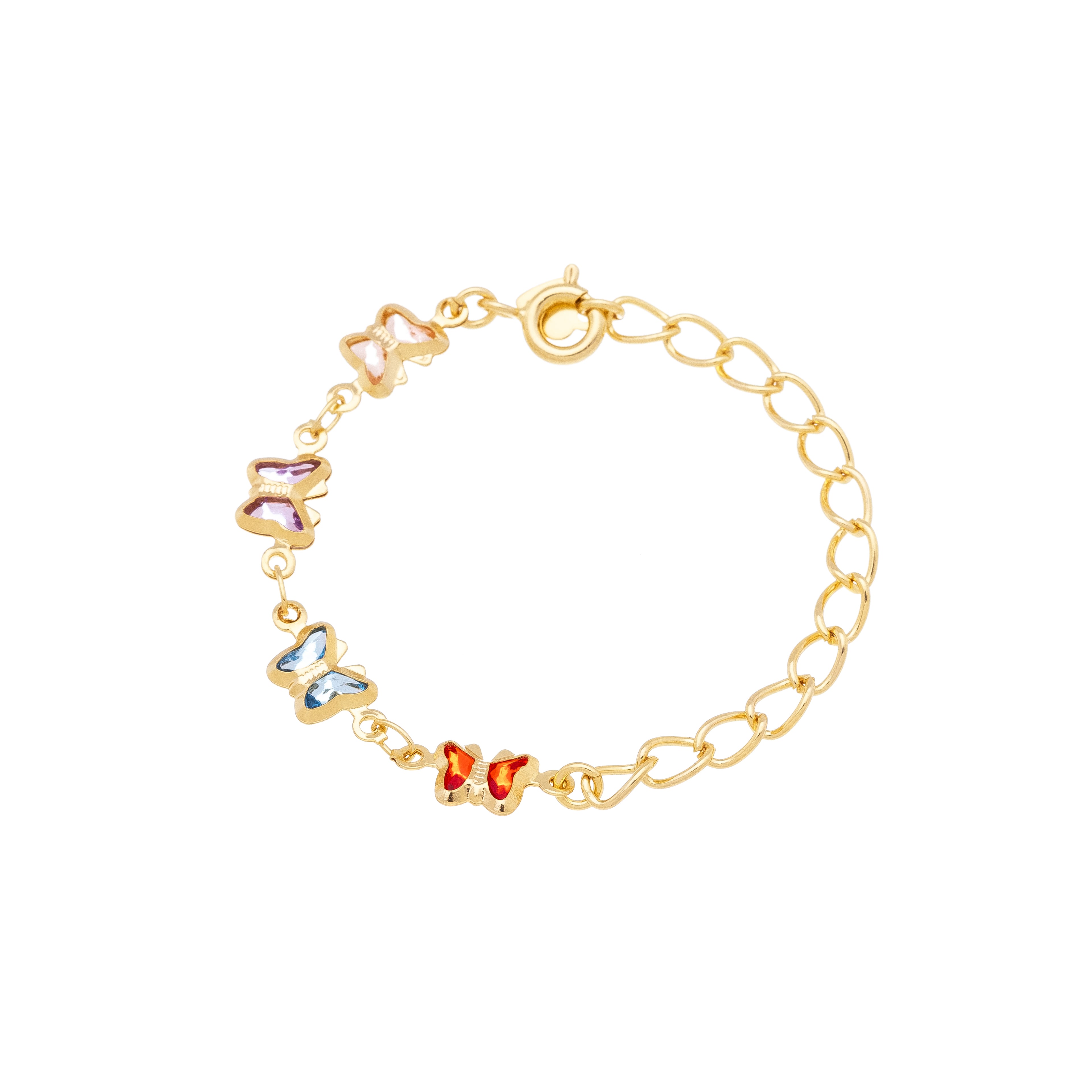 Children's bracelet with butterflies set with colorful cubic zirconia, 18k gold plated, hypoallergenic.