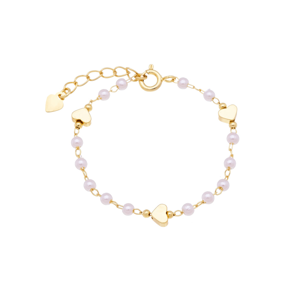 Children's bracelet with pearls and hearts, 18k gold plated, hypoallergenic.