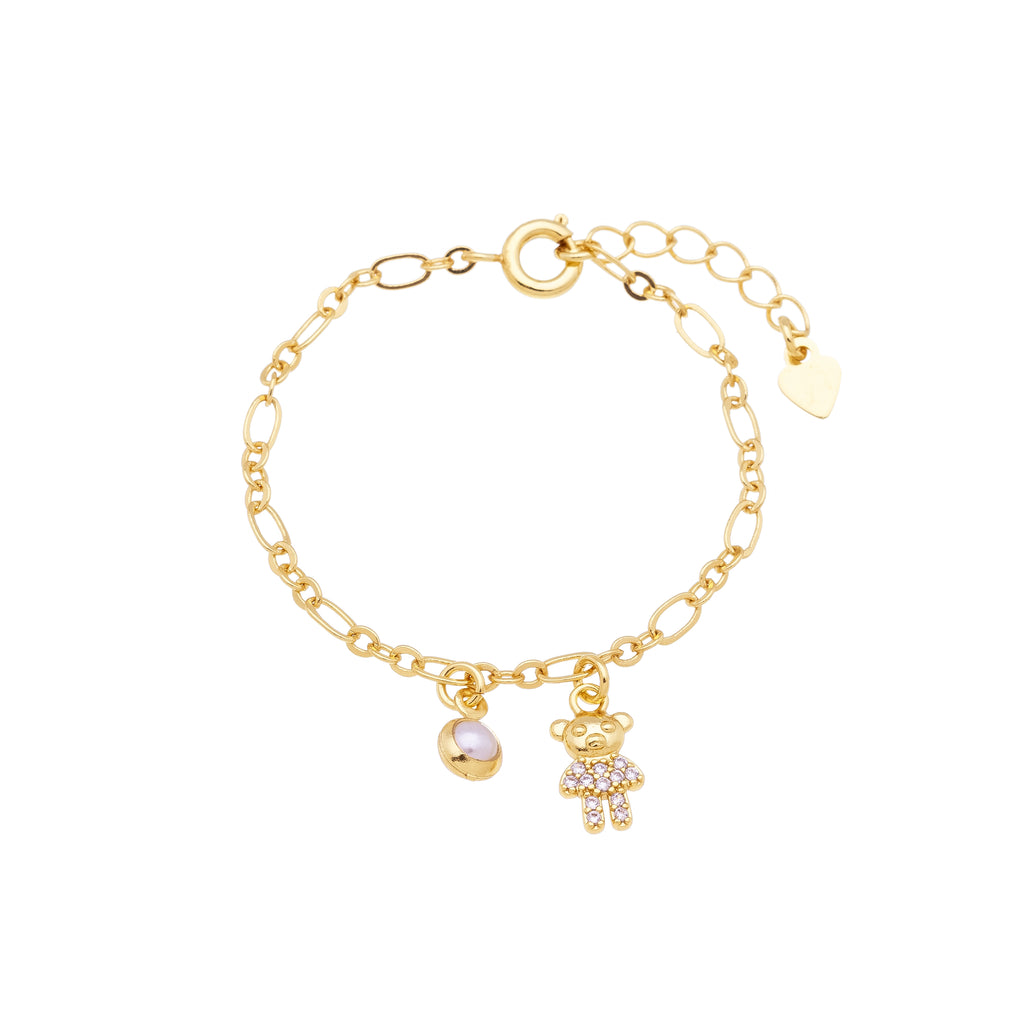Children's bracelet with a pearl pendant and a teddy bear studded with micro cubic zirconia, plated in hypoallergenic 18k gold.