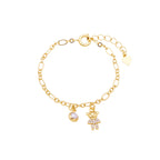 Children's bracelet with a pearl pendant and a teddy bear studded with micro cubic zirconia, plated in hypoallergenic 18k gold.