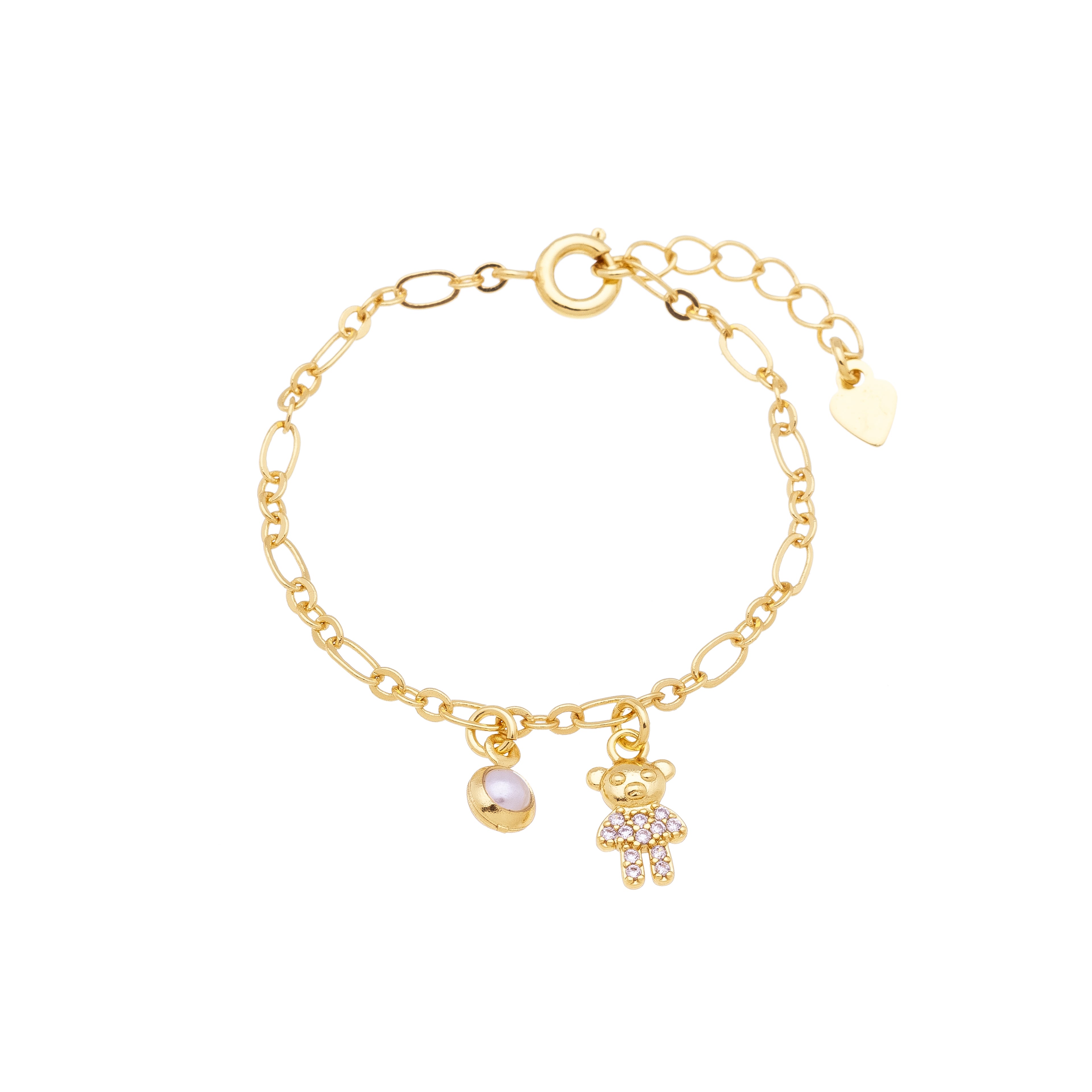 Children's bracelet with a pearl pendant and a teddy bear studded with micro cubic zirconia, plated in hypoallergenic 18k gold.