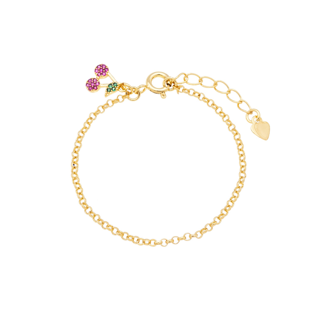 Children's bracelet with a cherry pendant, 18k gold plated, hypoallergenic.