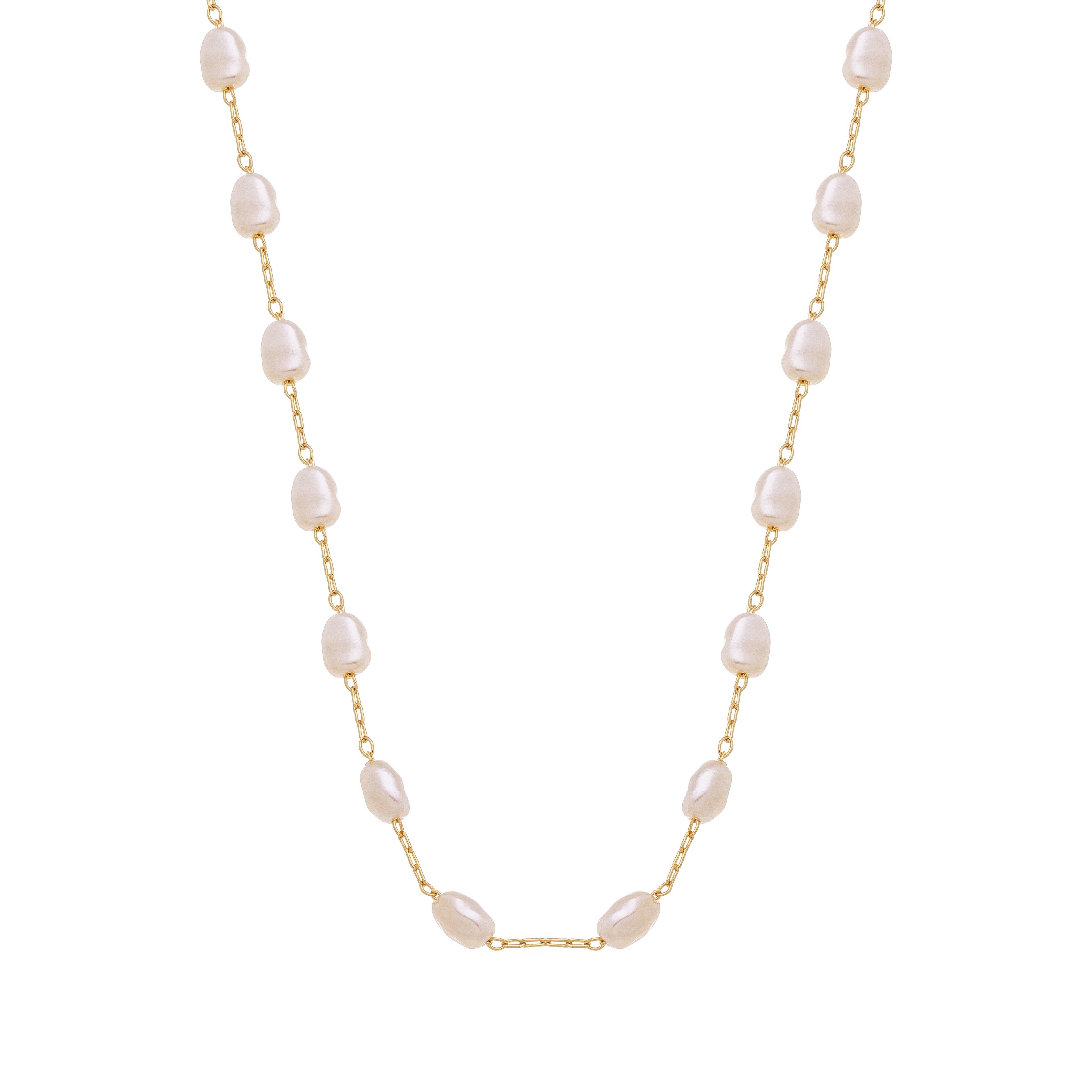 18K Gold Plated Baroque Pearl Chain Necklace – Elegant Minimalist Pearl Station Necklace for Women
