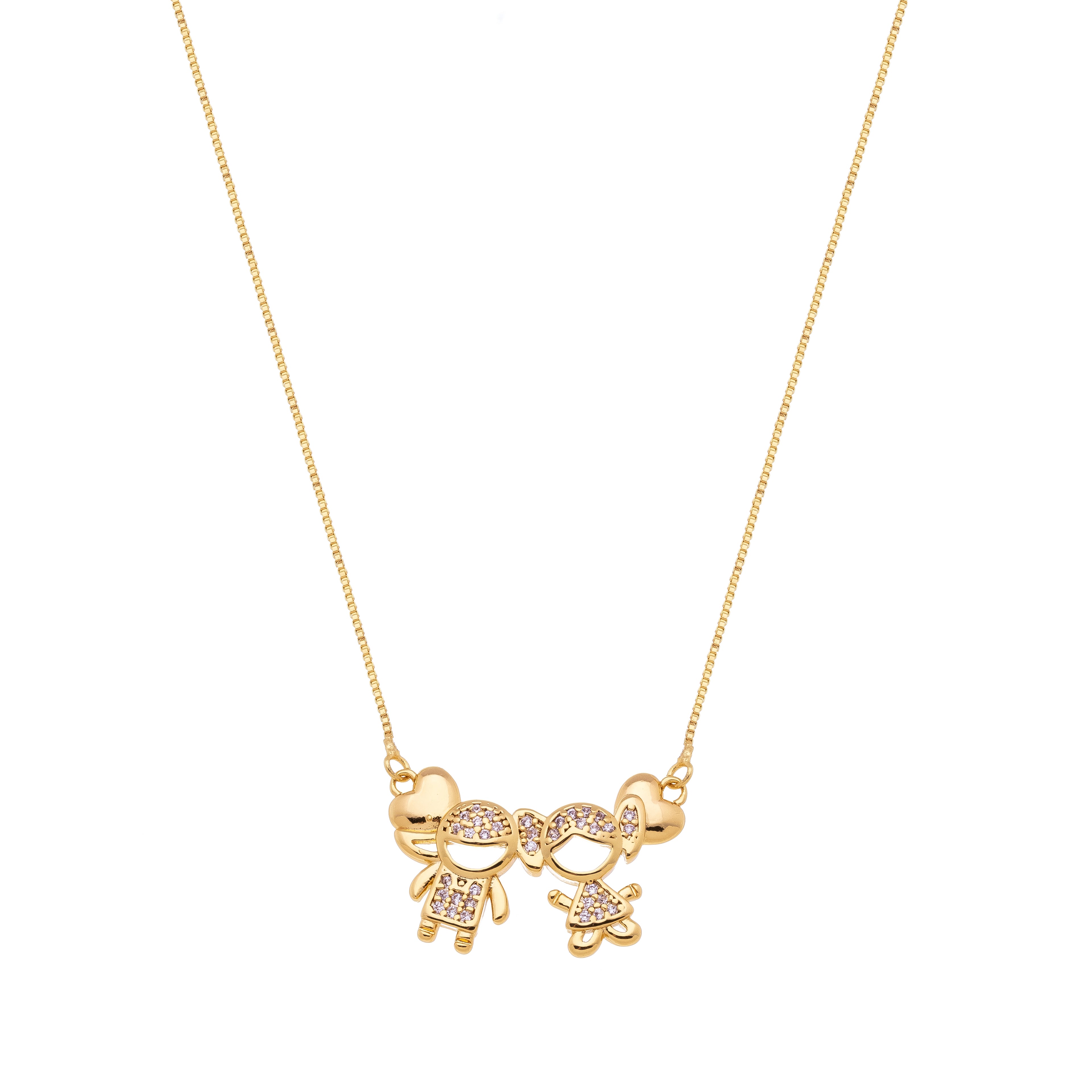 18K Gold Plated Couple Pendant Necklace with Zirconia – Boy & Girl Charm Necklace