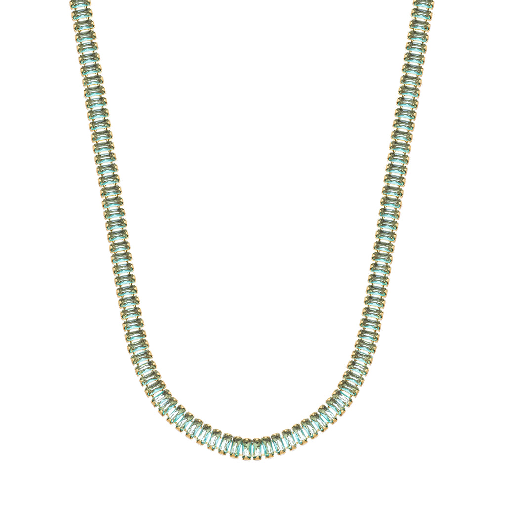 Green Baguette Tennis Necklace – 18K Gold Plated Emerald Tone Chain