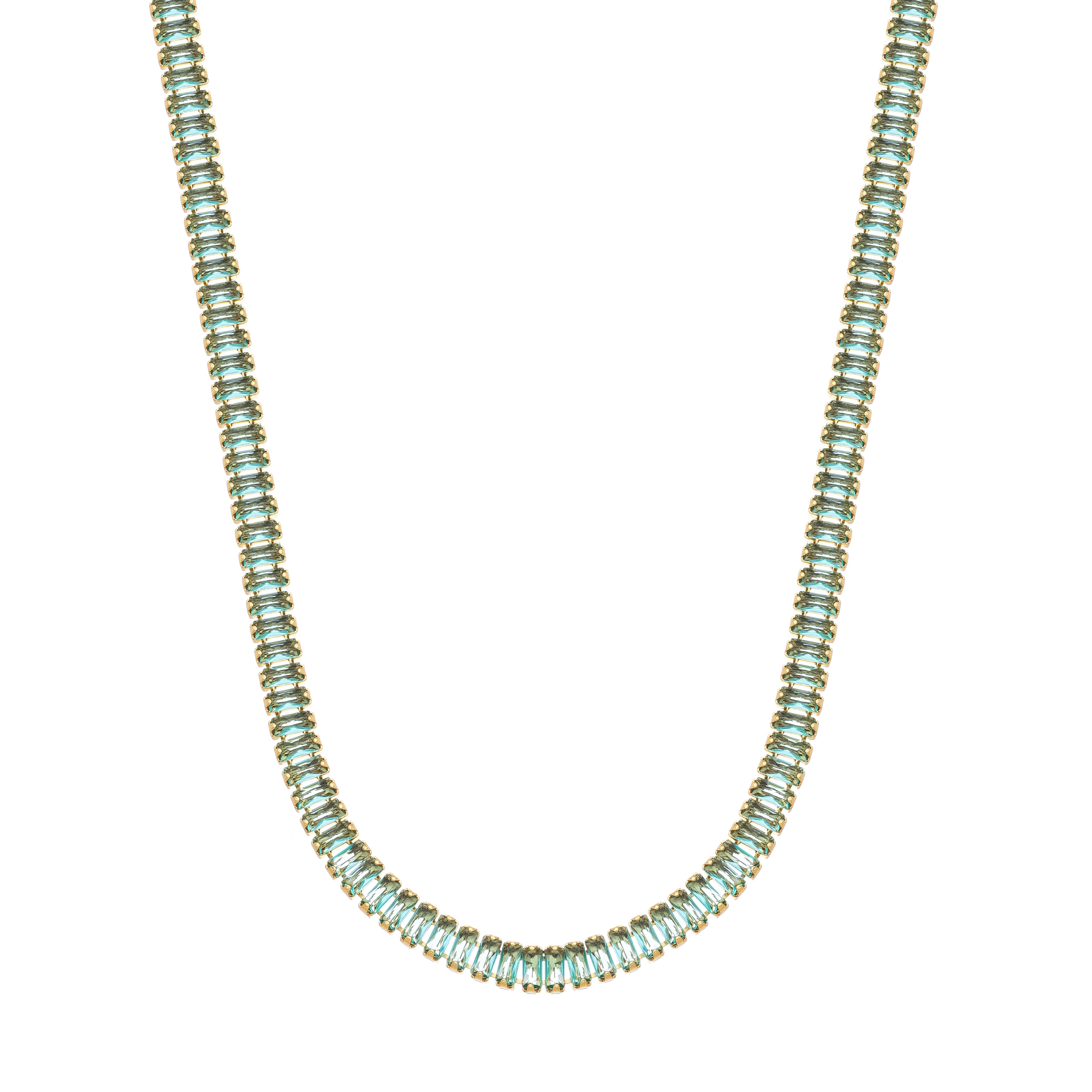 Green Baguette Tennis Necklace – 18K Gold Plated Emerald Tone Chain