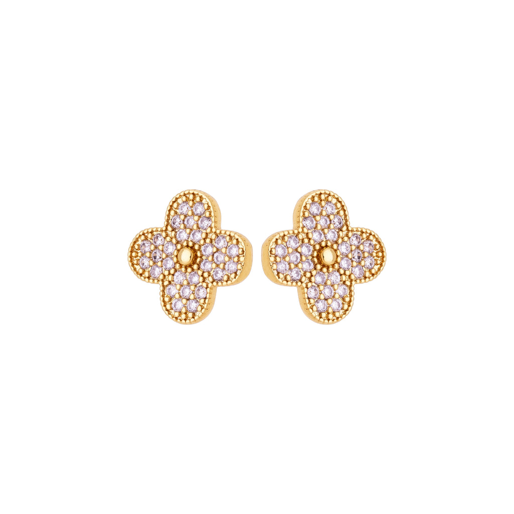 Clover Zircon Stud Earrings – 18K Gold Plated Floral Pavé Earrings