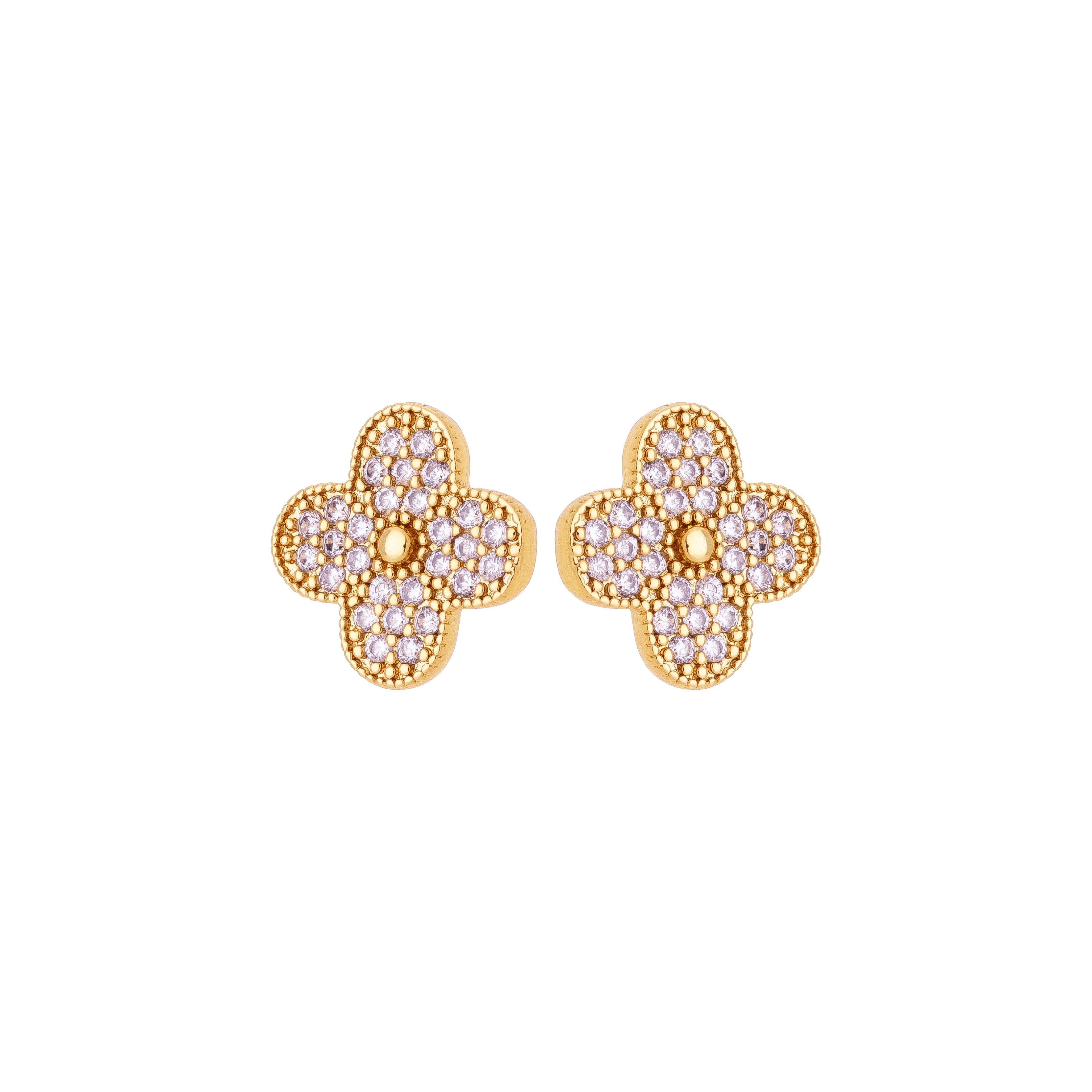 Clover Zircon Stud Earrings – 18K Gold Plated Floral Pavé Earrings