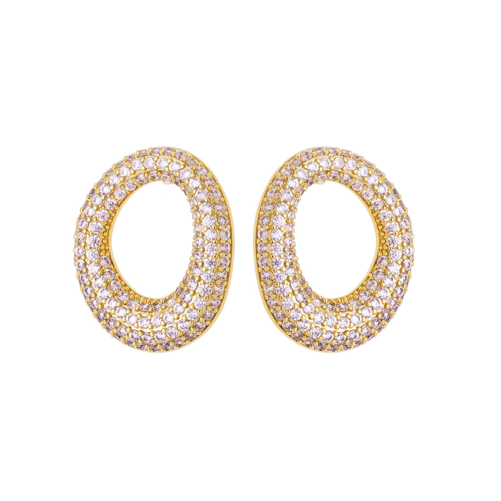 Oval Pave Crystal Earrings – 18K Gold Plated Statement Hoops