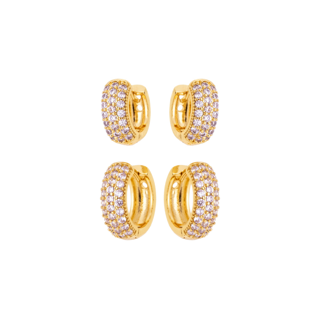 Gold Pavé Huggie Earrings Duo – 18K Gold Plated Double Row Zirconia Hoops