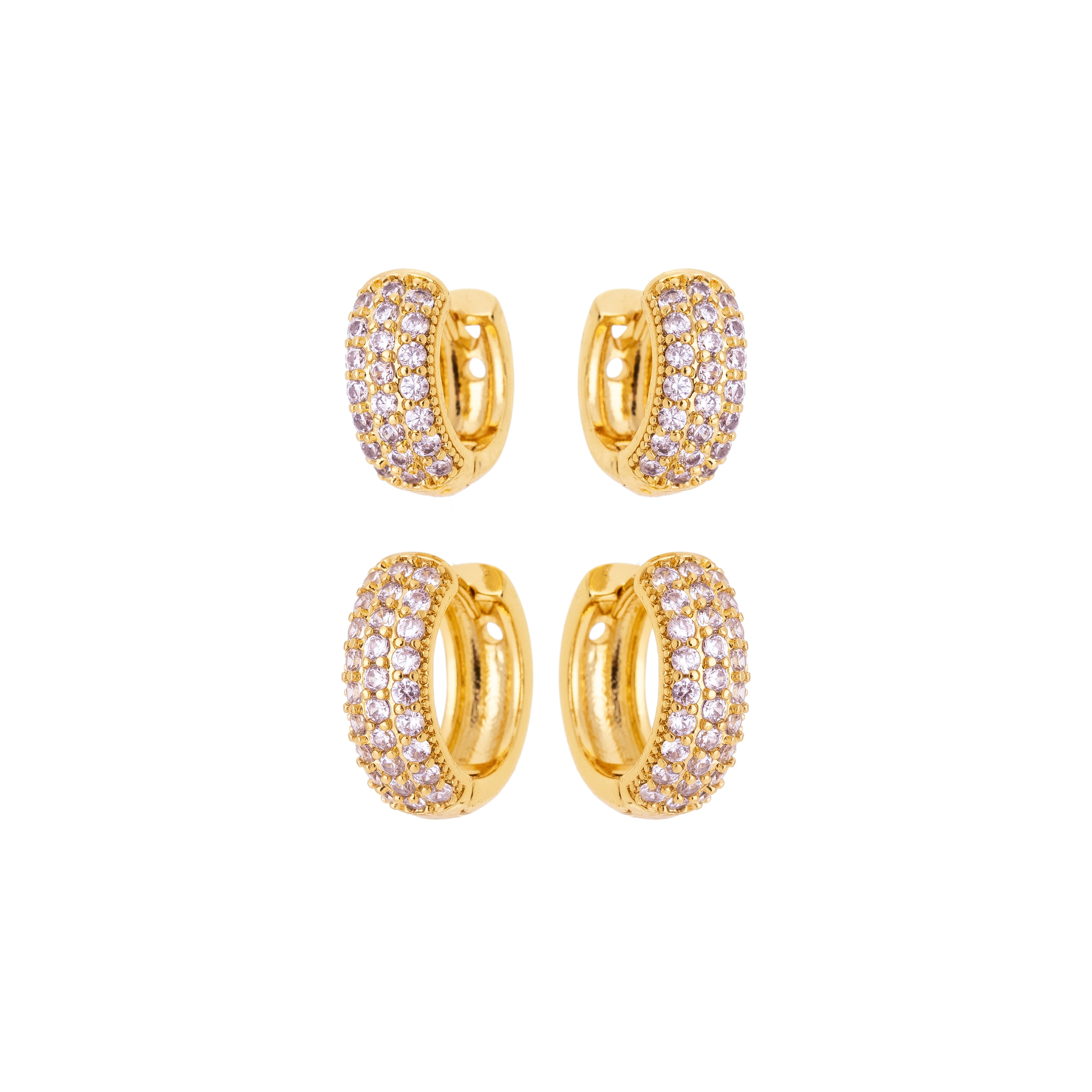 Gold Pavé Huggie Earrings Duo – 18K Gold Plated Double Row Zirconia Hoops