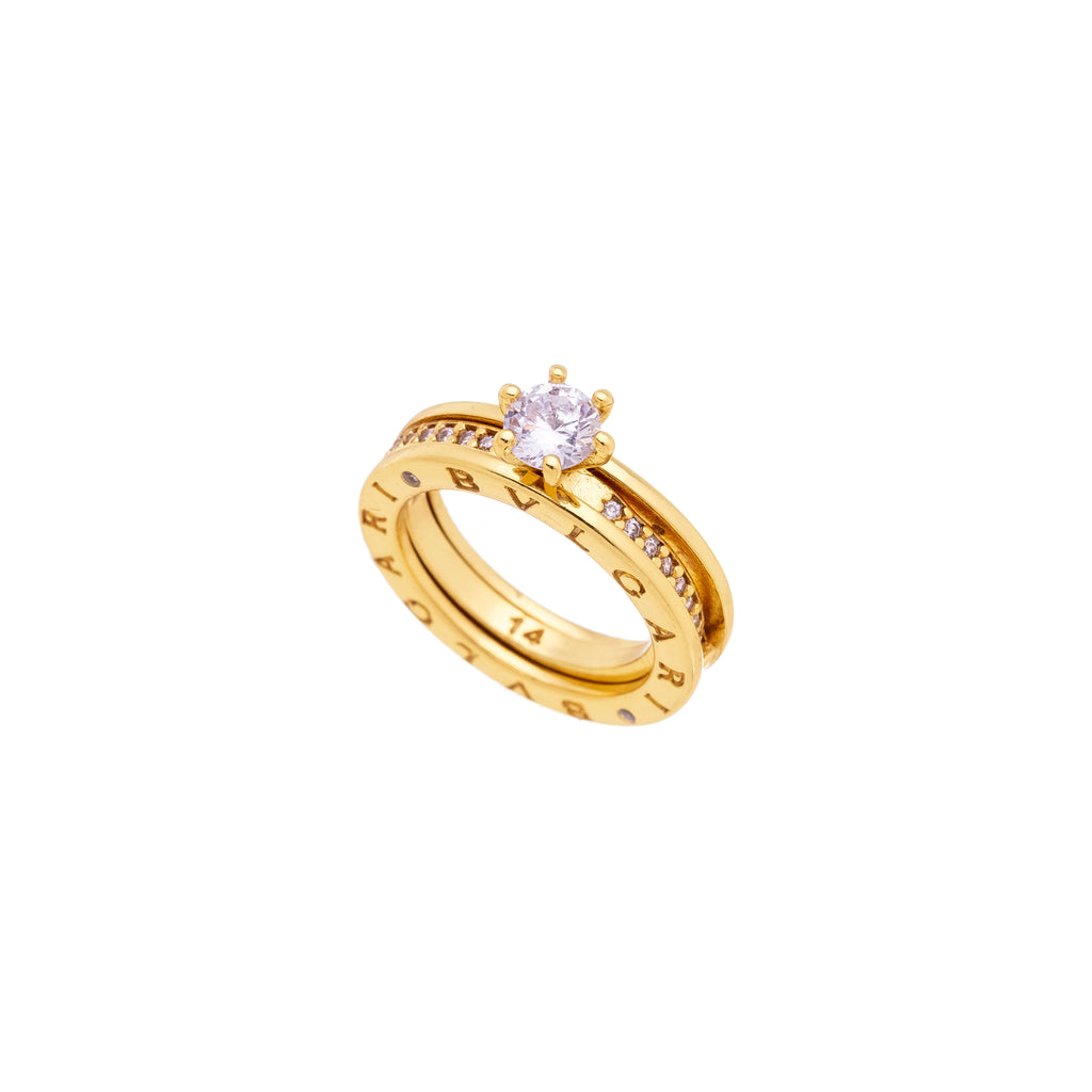 18K Gold Plated 2PCS Ring Set with Round Zirconia Solitaire and Pave Band – Luxury Stackable Engagement Style Rings for Women