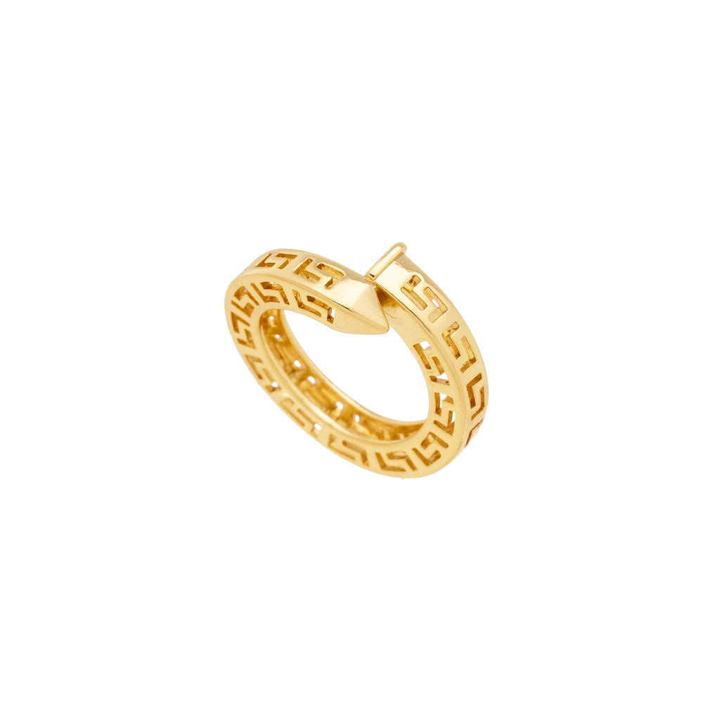 18K Gold Plated Geometric Pattern Ring with Nail Detail – Wide Band Statement Fashion Ring for Women