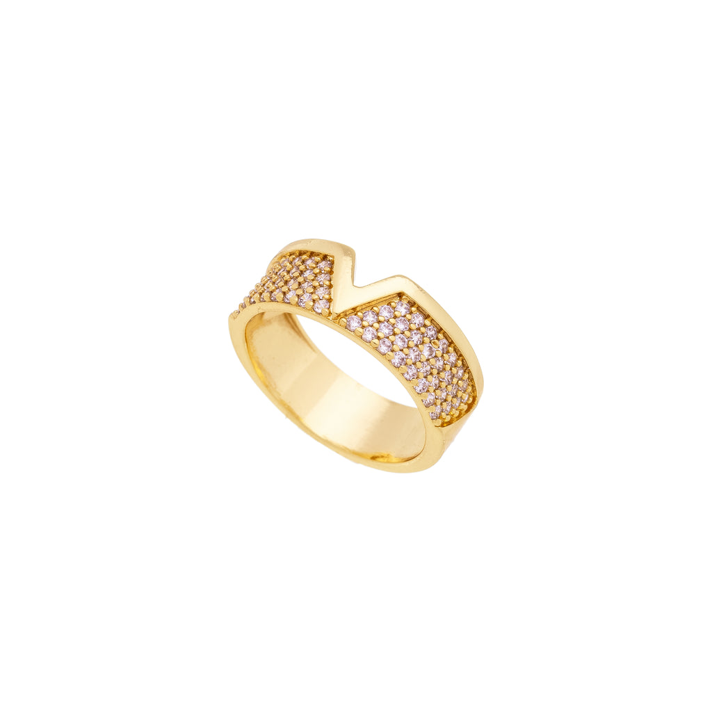 18K Gold Plated V Shape Ring with Micro Zirconia Pave – Geometric Statement Band for Women