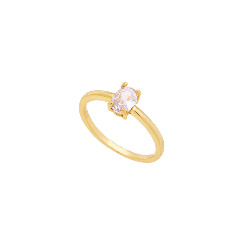 18K Gold Plated Oval Cut Zirconia Solitaire Ring – Minimalist Engagement Style Thin Band for Women