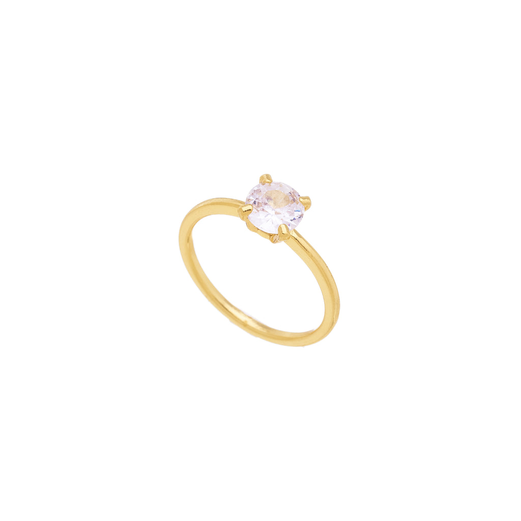 18K Gold Plated Round Cut Zirconia Solitaire Ring – Minimalist Thin Band Classic Engagement Style for Women