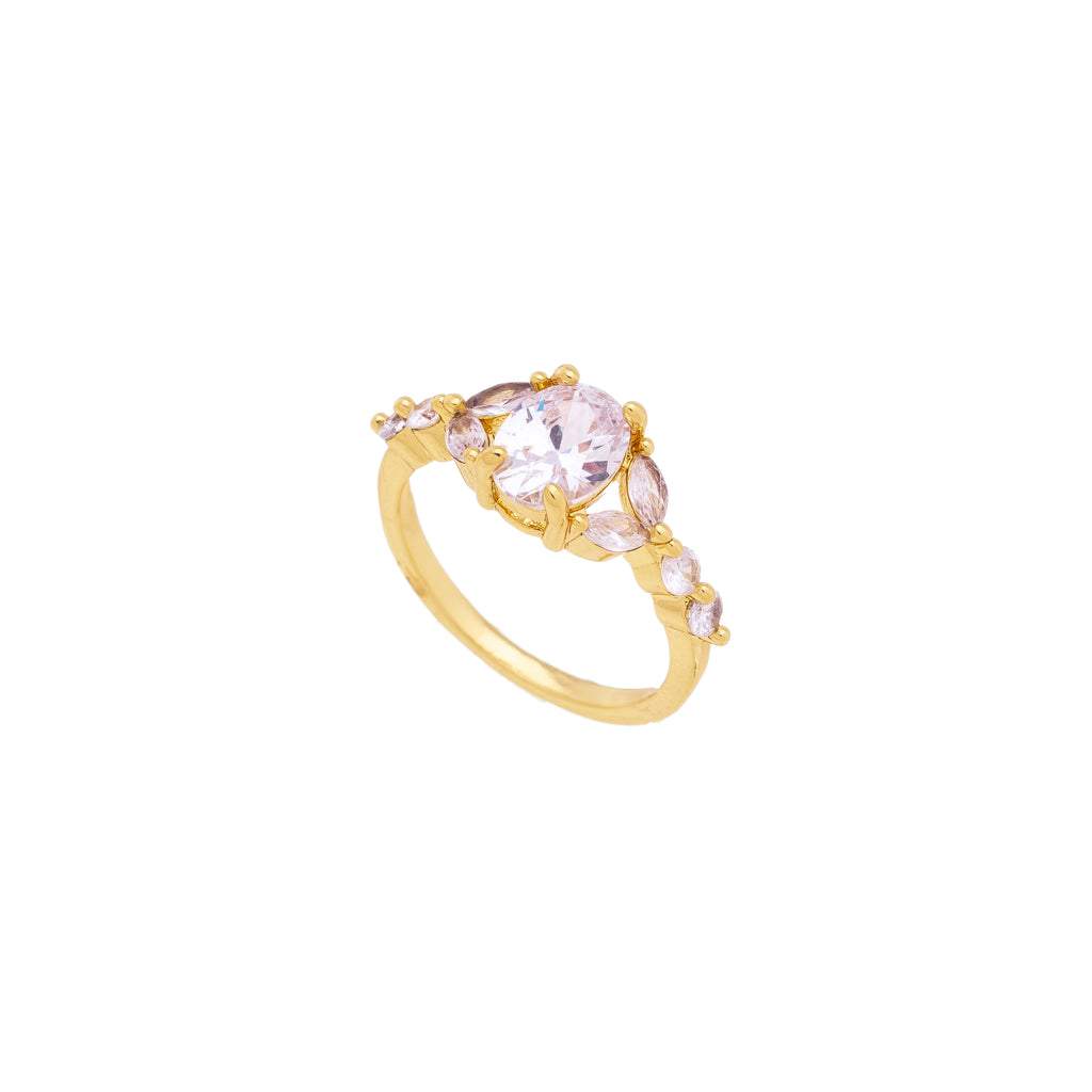 18K Gold Plated Round Zirconia Ring with Marquise Side Stones – Luxury Engagement Style Statement Ring for Women