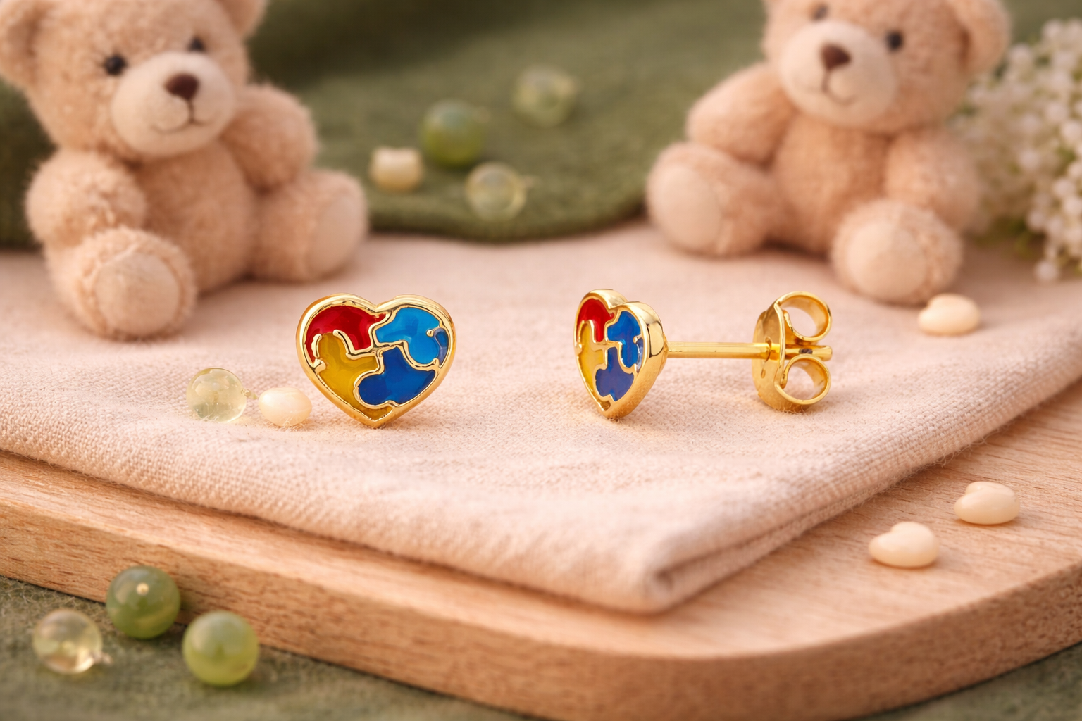 Children's heart-shaped earring with autism identification, delicate, hypoallergenic 18k gold plated.