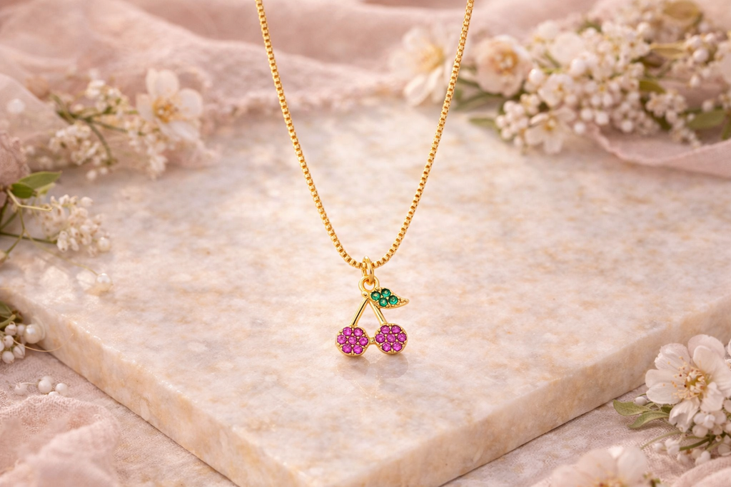 Children's Venetian necklace with a cherry pendant set with pink and green cubic zirconia, plated in hypoallergenic 18k gold.