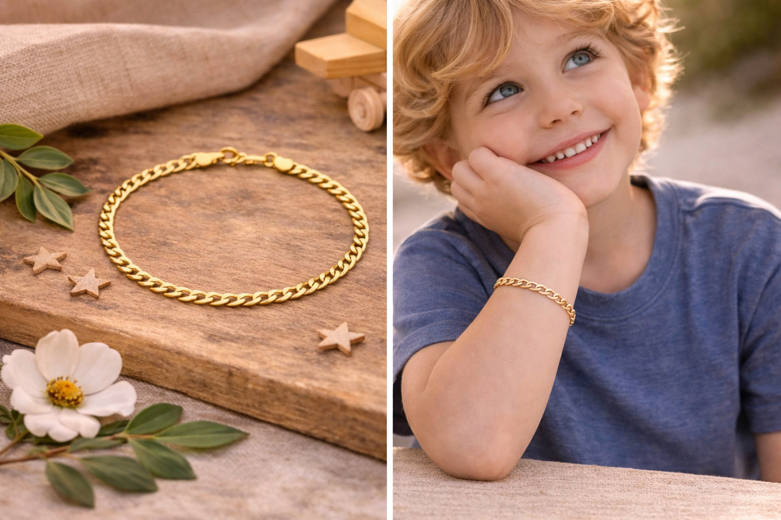Children's curb chain bracelet, 1x1 link, 18k gold plated, hypoallergenic.