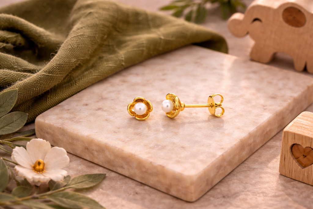 Hypoallergenic children's flower-shaped earring with pearl and petal detail, 18k gold plated.