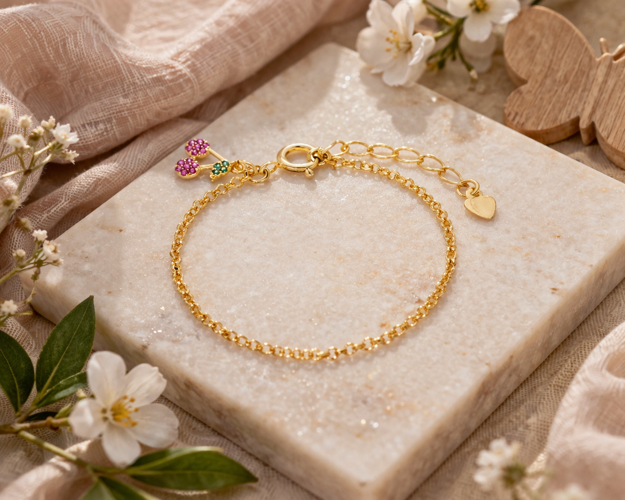 Children's bracelet with a cherry pendant, 18k gold plated, hypoallergenic.