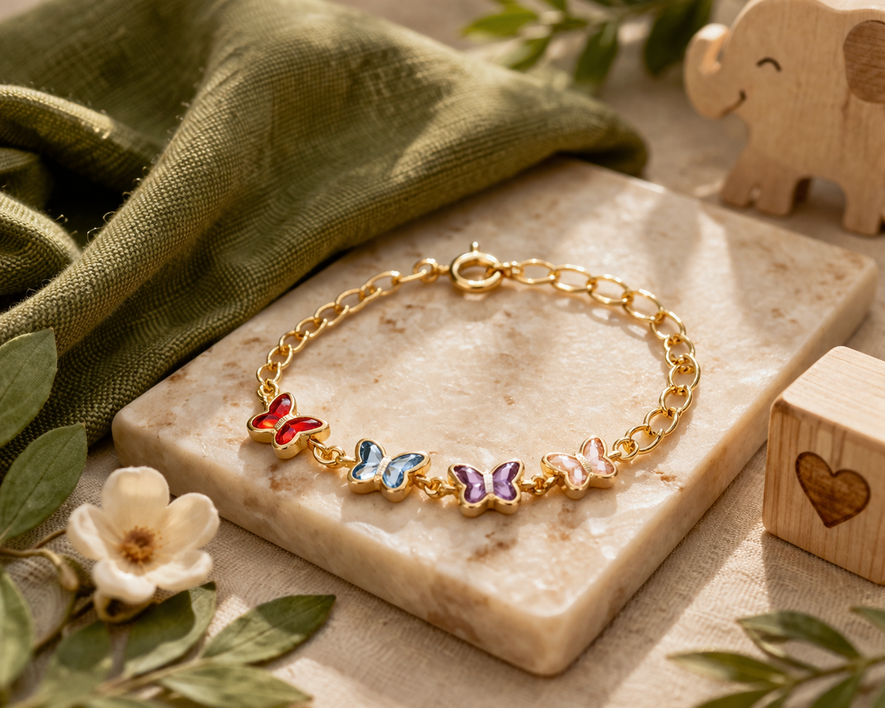 Children's bracelet with butterflies set with colorful cubic zirconia, 18k gold plated, hypoallergenic.
