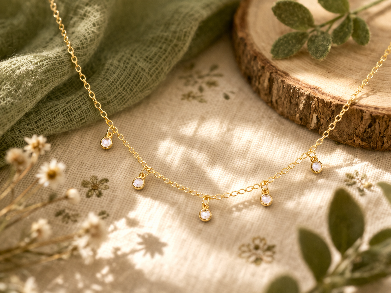 Children's necklace with five dangling pearls, plated in hypoallergenic 18k gold.