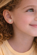 Hypoallergenic children's earring in the shape of a flower with petal detail, 18k gold plated.