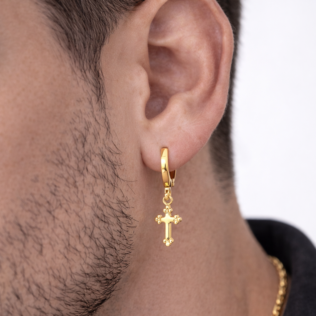 Men's click earring with cross pendant - 18k Gold Plated