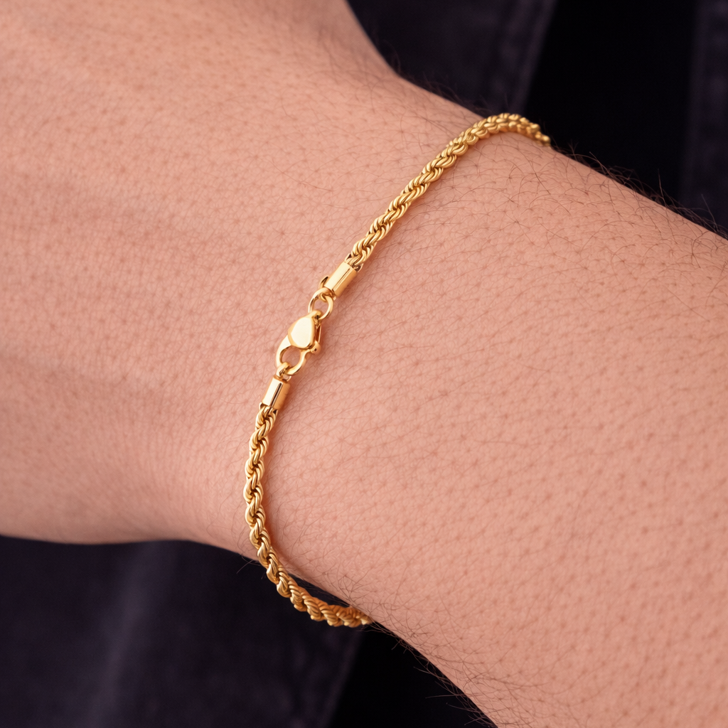 Men's bracelet, 18cm, traditional Bahian cord chain with detailed links - 18k Gold Plated