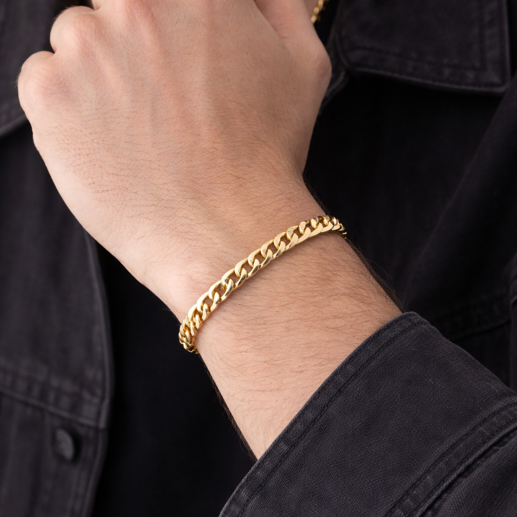 Men's bracelet, 18cm + 5cm extender, traditional 1x1 curb link, 18k gold plated.